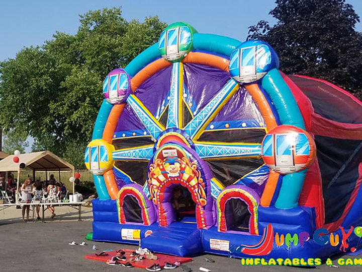 Castle bounce house rental set up at a Chicago block party